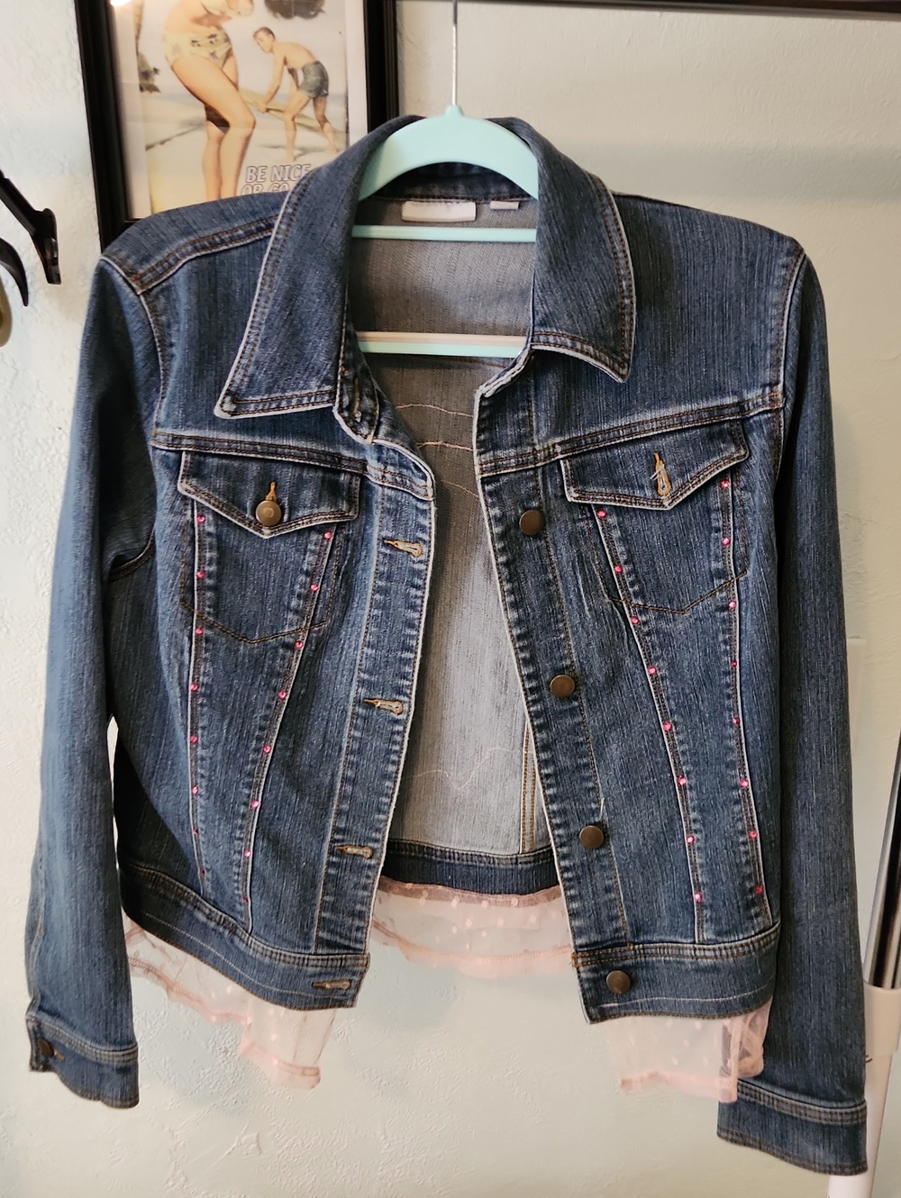Source Unknown Blue Denim Jean Jacket with Pink Bead Accents